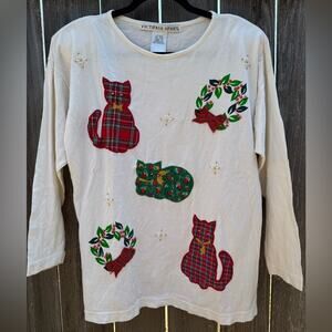 Victoria Jones Christmas Long-Sleeve Shirt Women’s Size Medium Vintage Cats Cat